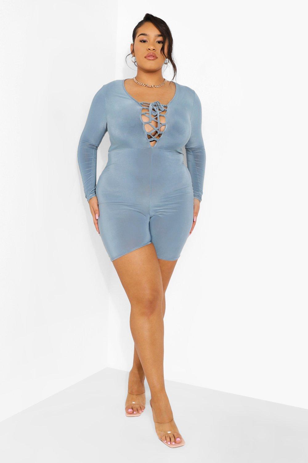 Plus Lace Up Long Sleeve Unitard boohoo UK